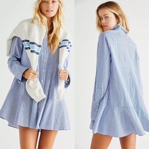 Free People All For You Striped Shirt Dress blue mini ruffle hem long sleeve